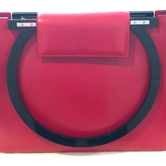 Salvatore Ferragamo Red Leather purse with round black handles. Rare find. - Picture 7 of 7